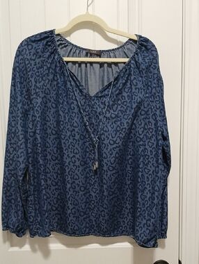 NYDJ Navy Blue Leopard-Print Long Sleeve Peasant Blouse